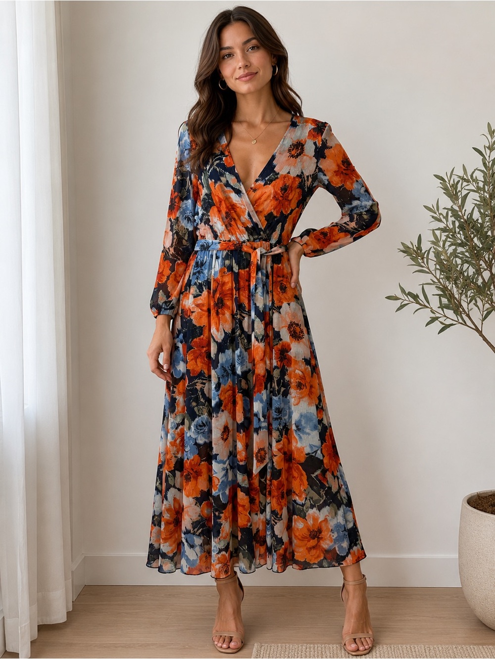 Alexa B Nites Orange & Blue Floral Wrap Maxi Dress with Tie Waist